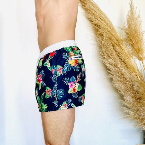 MENS AUSSIEBUM Navy Blue White Floral Palm Swim Trunks Shorts Pockets Unlined M - Picture 7 of 12